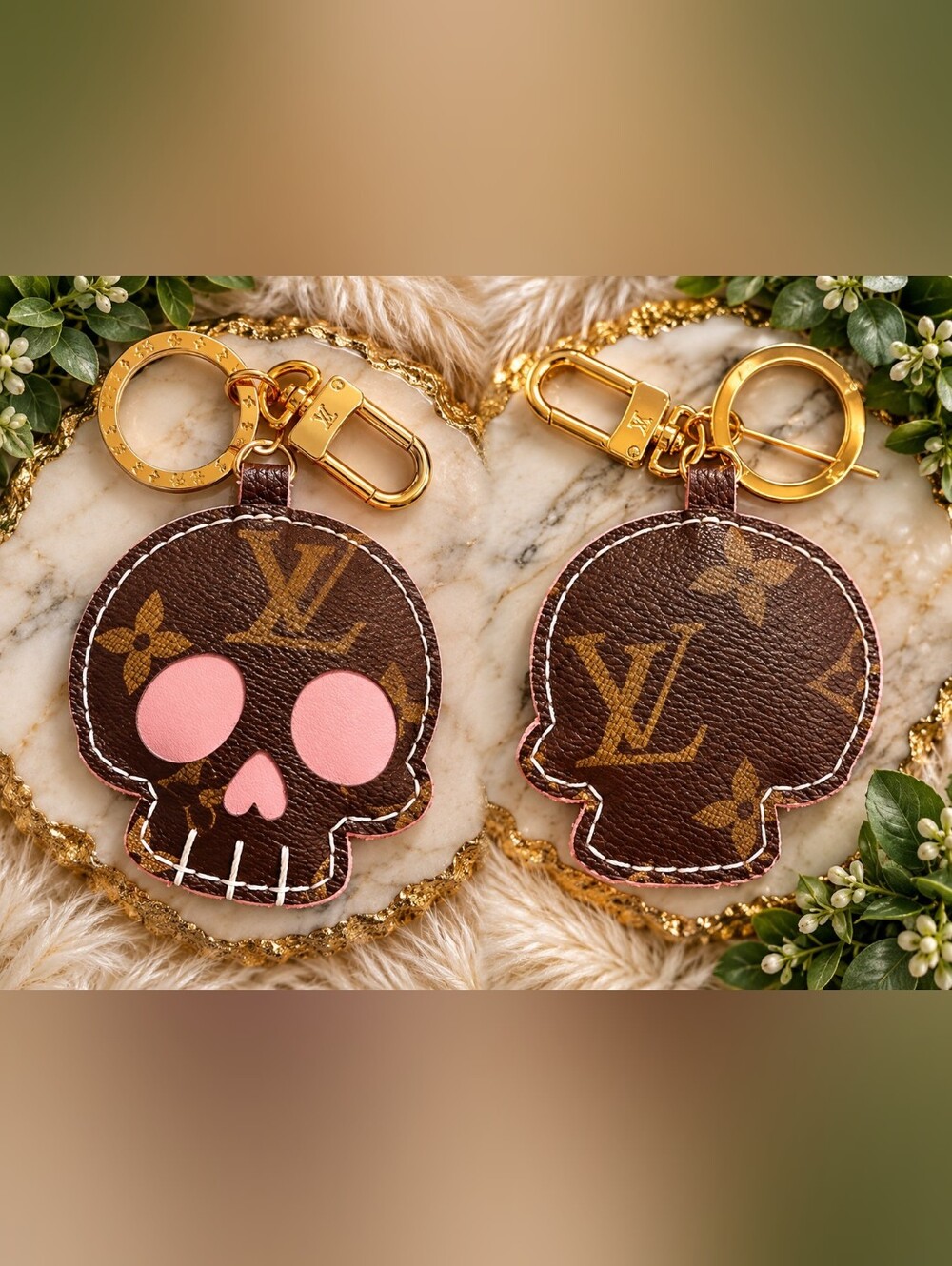 NEW Louis Vuitton Brown Monogram Skull Key Charm with Pink Details